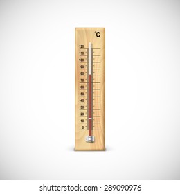 Thermometer on wooden base with celsius scale. Icon for your design.