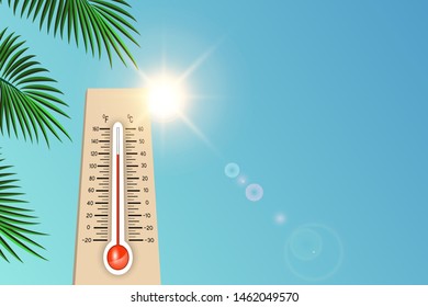 A thermometer outdoors in the summer in the sun shows hot weather temperature, it's time to sunbathe on the beach. Mockup for poster, ads, banner, cover, vector illustration.