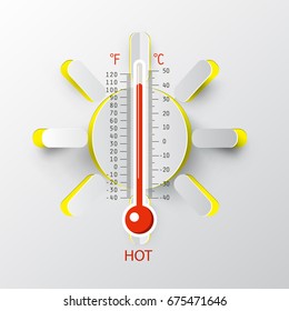 Thermometer with Paper Cut Sun. Vector Hot Weather Symbol.
