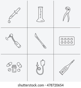 Thermometer, pills and dental pliers icons. Tablets, drilling tool and beaker linear signs. Enema, scalpel and pipette drop flat line icons. Linear icons on white background. Vector