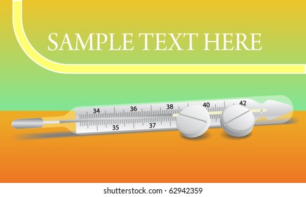 Thermometer and pills. medical background