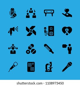 thermometer, pills, microphone, windmill, hand holding a heart, decision making, manager, microphone and microscope vector icon. Simple icons set