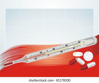 Thermometer and pills on the abstract background. Vector