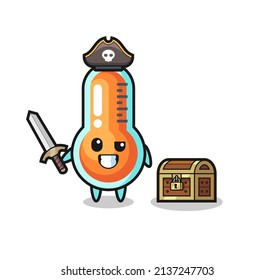 the thermometer pirate character holding sword beside a treasure box , cute style design for t shirt, sticker, logo element