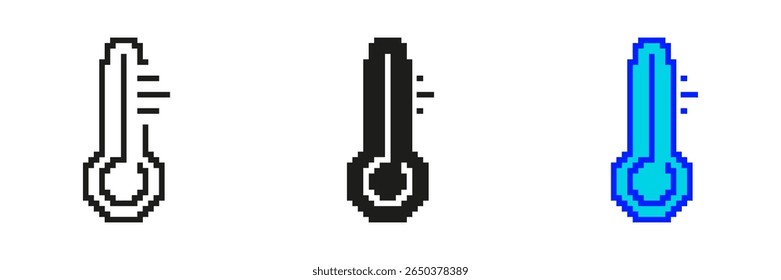 Thermometer Pixelated Icon Set. Pixel Art Symbol of Temperature Measurement. Sign for Heat, Cold, Climate Monitoring. Isolated Vector Illustration.