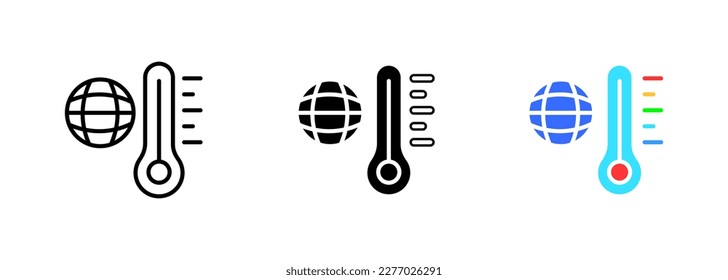 A thermometer with a planet icon, representing the measurement of temperature on a global or universal scale. Vector set of icons in line, black and colorful styles isolated.