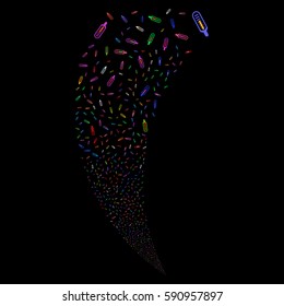 Thermometer random fireworks stream. Vector illustration style is flat bright multicolored iconic symbols on a black background. Object fountain made from scattered pictograms.