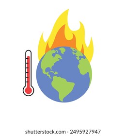 Thermometer reaching high temperatures in Earth flat design, global warming. Vector