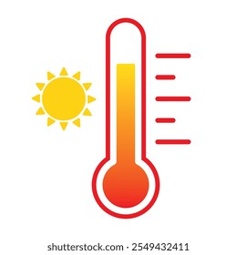 Thermometer reaching high temperatures. Temperature scale symbol, warm weather sign. Red thermometer with scale and sun icon flat style isolated on a white background vector illustration EPS 10.