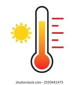 Thermometer reaching high temperatures. Temperature scale symbol, warm weather sign. Thermometer with scale and sun icon flat style isolated on a white background vector illustration EPS 10.