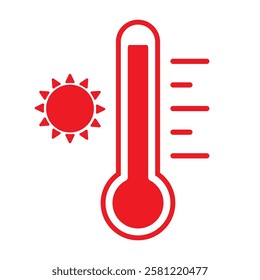 Thermometer reaching high temperatures. Temperature scale symbol, warm weather sign. Red thermometer with scale and sun icon flat style isolated on a white background vector illustration EPS 10.