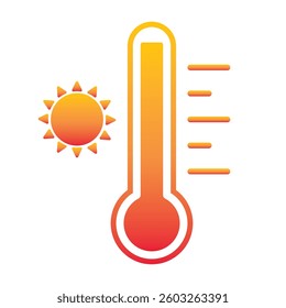Thermometer reaching high temperatures. Temperature scale symbol, warm weather sign. Thermometer with scale and sun icon flat style isolated on a white background vector illustration EPS 10.