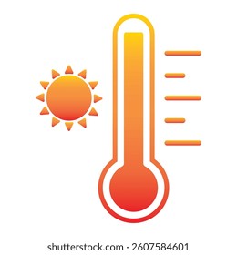 Thermometer reaching high temperatures. Temperature scale symbol, warm weather hot day sign. Thermometer with scale and sun icon flat style isolated on a white background vector illustration EPS 10.