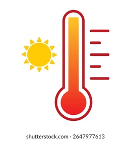 Thermometer reaching high temperatures. Temperature scale symbol, warm weather hot day sign. Thermometer with scale and sun icon flat style isolated on a white background vector illustration EPS 10.