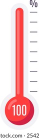 Thermometer reaching one hundred percent of its capacity, indicating maximum measurement, employing a red and white color scheme for visual representation