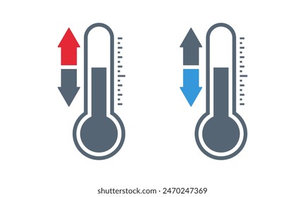 thermometer with red up and blue down arrow, climate control, weather change, flat vector bicolor icon