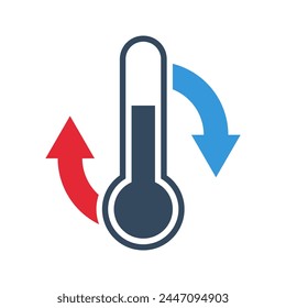 thermometer with red up and blue down arrows, climate control, weather change, flat vector bicolor icon