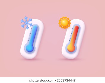 Thermometer with red and blue scale, climate control, weather change. Ecology concept. 3D Vector Illustrations.