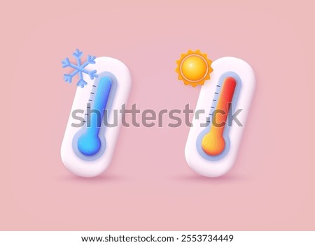 Thermometer with red and blue scale, climate control, weather change. Ecology concept. 3D Vector Illustrations.