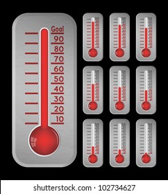 Thermometer red graphic showing progress towards goal on black, vector, 10eps.