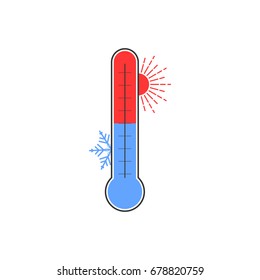Thermometer with red sun and blue snowflake. Weather indicator icon. Vector illustration.