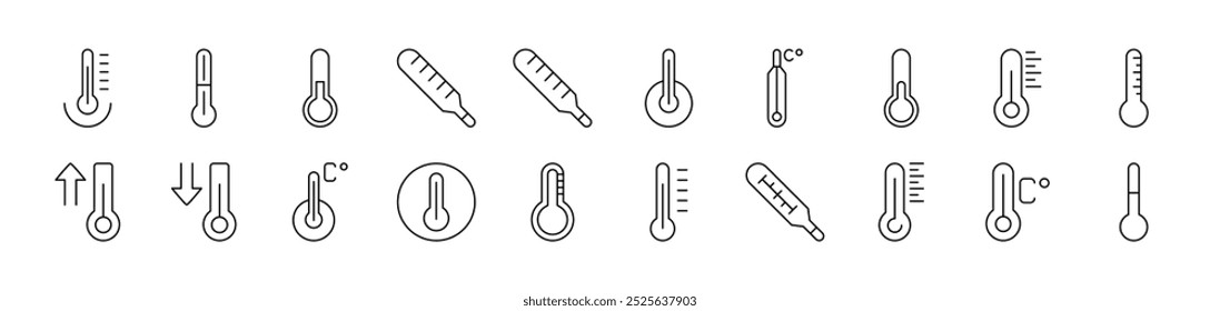 Conjunto de iconos relacionados con el termómetro. Trazo Editable. Conveniente para los Sitios web, libros, tarjetas, App 