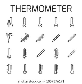 Thermometer related vector icon set. Well-crafted sign in thin line style with editable stroke. Vector symbols isolated on a white background. Simple pictograms.