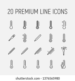Thermometer related vector icon set. Well-crafted sign in thin line style with editable stroke. Vector symbols isolated on a white background. Simple pictograms