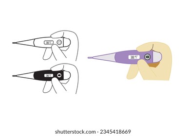 Thermometer Results utilized for measuring individuals' body temperature, accompanied by a depiction of a hand observing the outcomes of the examination. 