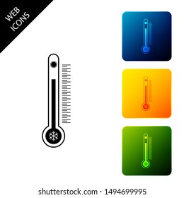 Thermometer with scale measuring heat and cold, with sun and snowflake icon isolated. Set icons colorful square buttons. Vector Illustration