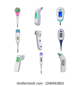 thermometer set cartoon. temperature fever, medical flu, heat illness, disease measurement, virus thermometer vector illustration