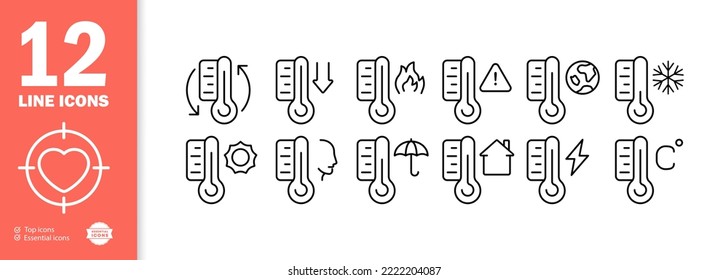 Thermometer set icon. Celsius, cold, heat, sun, fire, body and room temperature, umbrella, warning sign, lightning, climate, snowflake. Weather concept. Vector line icon for Business and Advertising.