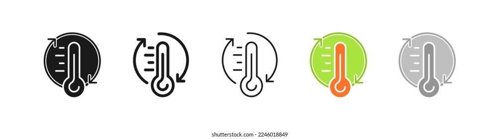 Thermometer set icon. Global warming, fever, tremor, disability, dizziness, pulse, migraine, deafness, brow ague, hearing problems, chills, headache, heart pain. Health care concept. Vector five icon