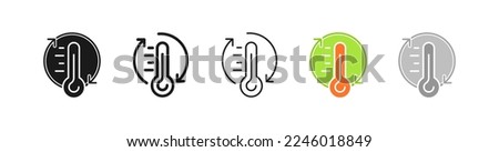 Thermometer set icon. Global warming, fever, tremor, disability, dizziness, pulse, migraine, deafness, brow ague, hearing problems, chills, headache, heart pain. Health care concept. Vector five icon