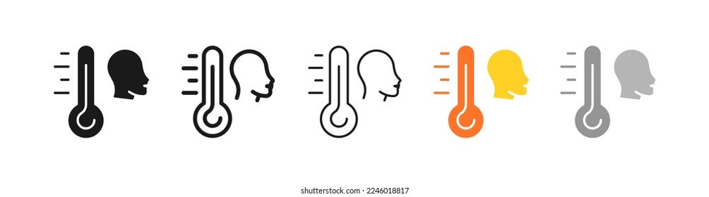 Thermometer set icon. Temperature, fever, tremor, disability, dizziness, pulse, migraine, deafness, brow ague, hearing problems, chills, headache, heart pain. Health care concept. Vector five icon