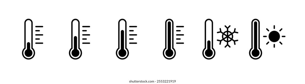 Thermometer set icons. Silhouette and linear style. Vector icons.