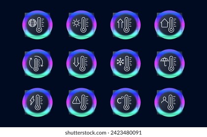 Icono de línea de ajuste de termómetro. Tiempo, temperatura, lluvia, sol, frío, calor, helada. Estilo de glasmorfismo. Icono de línea de vector para negocios y publicidad