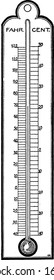 A thermometer showing both Fahrenheit and Centigrade scales, it shows the three different images of bone structure in it, vintage line drawing or engraving 