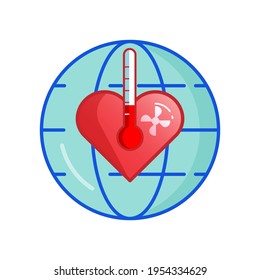 Termómetro que muestra baja temperatura soplando el ventilador en forma de corazón como un truco para mantener la tierra fresca. Estilo de diseño plano de la ilustración del vector.