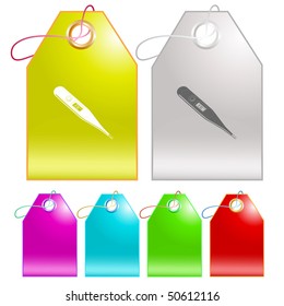 Thermometer. Shows 37 degrees Celsius. Vector tags.