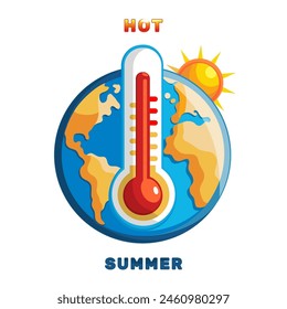Das Thermometer zeigt hohe Temperatur vor dem Hintergrund des Planeten Erde. Heißer Sommer. Vektorillustration