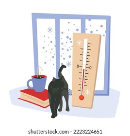 The thermometer shows the temperature. It's snowing outside. Black cat near the window. Book, cup with hot drink. Vector image.