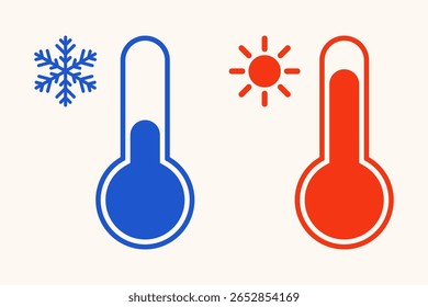 Sinal de termômetro. Controle Climático, Mudanças Climáticas. Símbolo de temperatura de ar quente e frio. Ícones do termômetro 