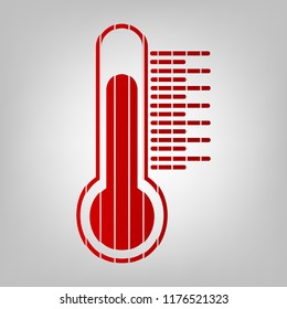 Thermometer sign illustration. Vector. Vertically divided icon with colors from reddish gradient in gray background with light in center.