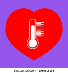 Thermometer sign illustration. Vector. White icon in red heart at lavender background.