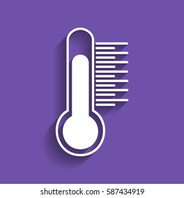 Thermometer sign illustration. Vector. White icon with soft shadow on grape violet background.