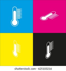 Thermometer sign illustration. Vector. White icon with isometric projections on cyan, magenta, yellow and black backgrounds.