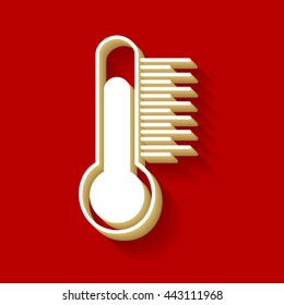 Thermometer sign illustration. White button icon with wood color and shadow on dark red background.