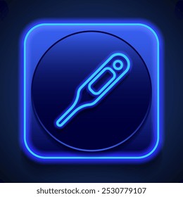 Thermometer simple icon. Flat design. Blue neon style on button. With shadow.ai