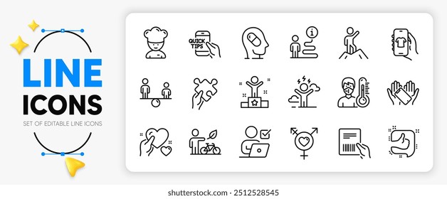 Thermometer, Smartphone holding and Like line icons set for app include Eco bike, Genders, Parcel invoice outline thin icon. Depression treatment, Shop app, Winner pictogram icon. Vector